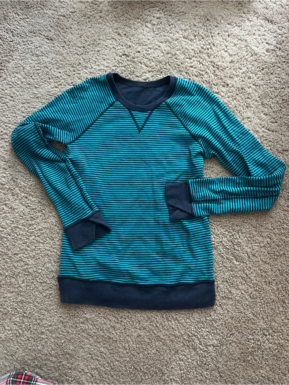 lululemon athletica Women's Teal and Navy Striped Long Sleeve Crew
